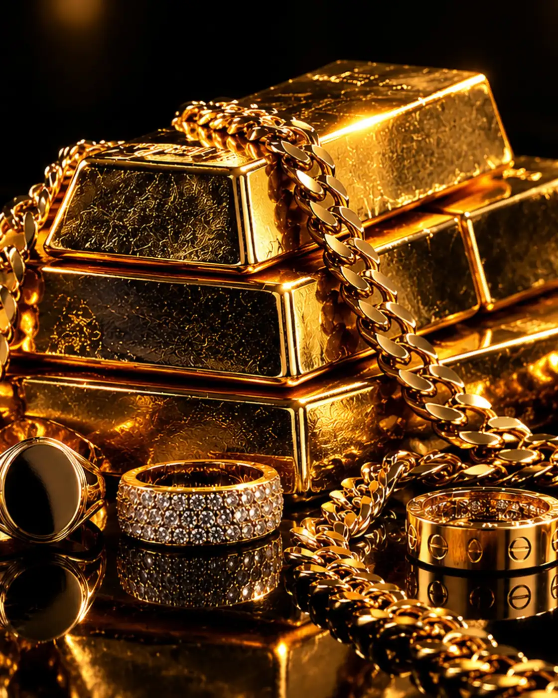 Gold jewellery, chains and bars on a black background
